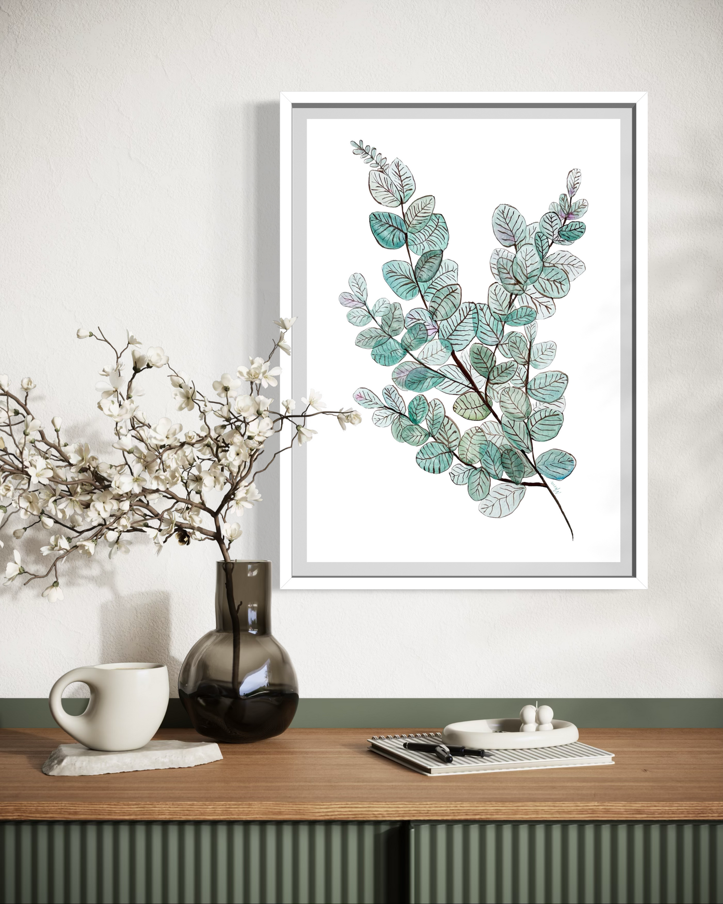 Greens and Teals Watercolour Art Print in Wooden Frame