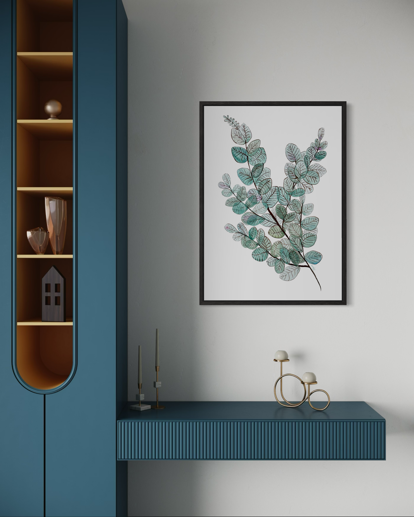 Eucalyptus Greens and Teals Watercolour Art Print in Metal Frame