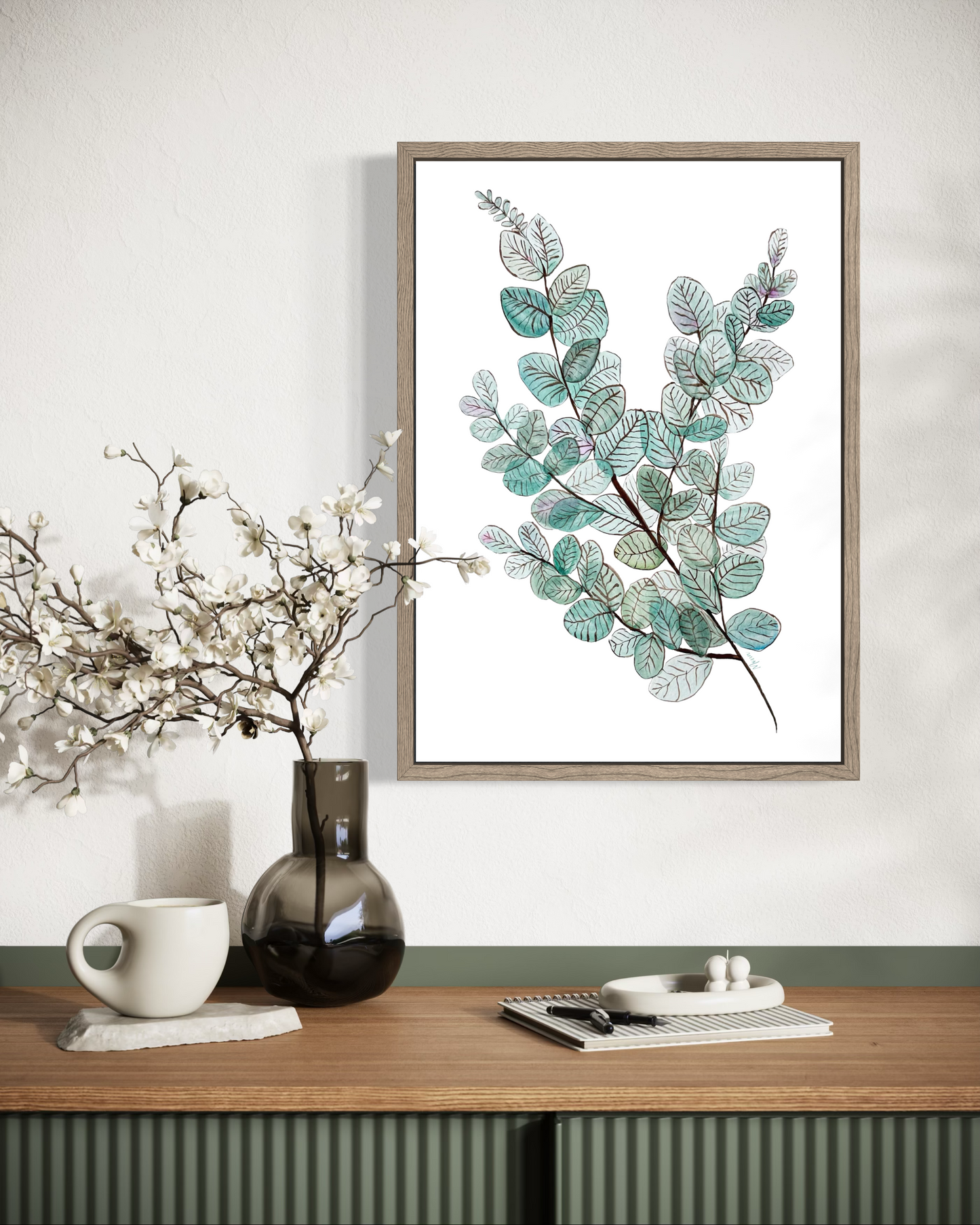 Greens and Teals Watercolour Art Print in Wooden Frame