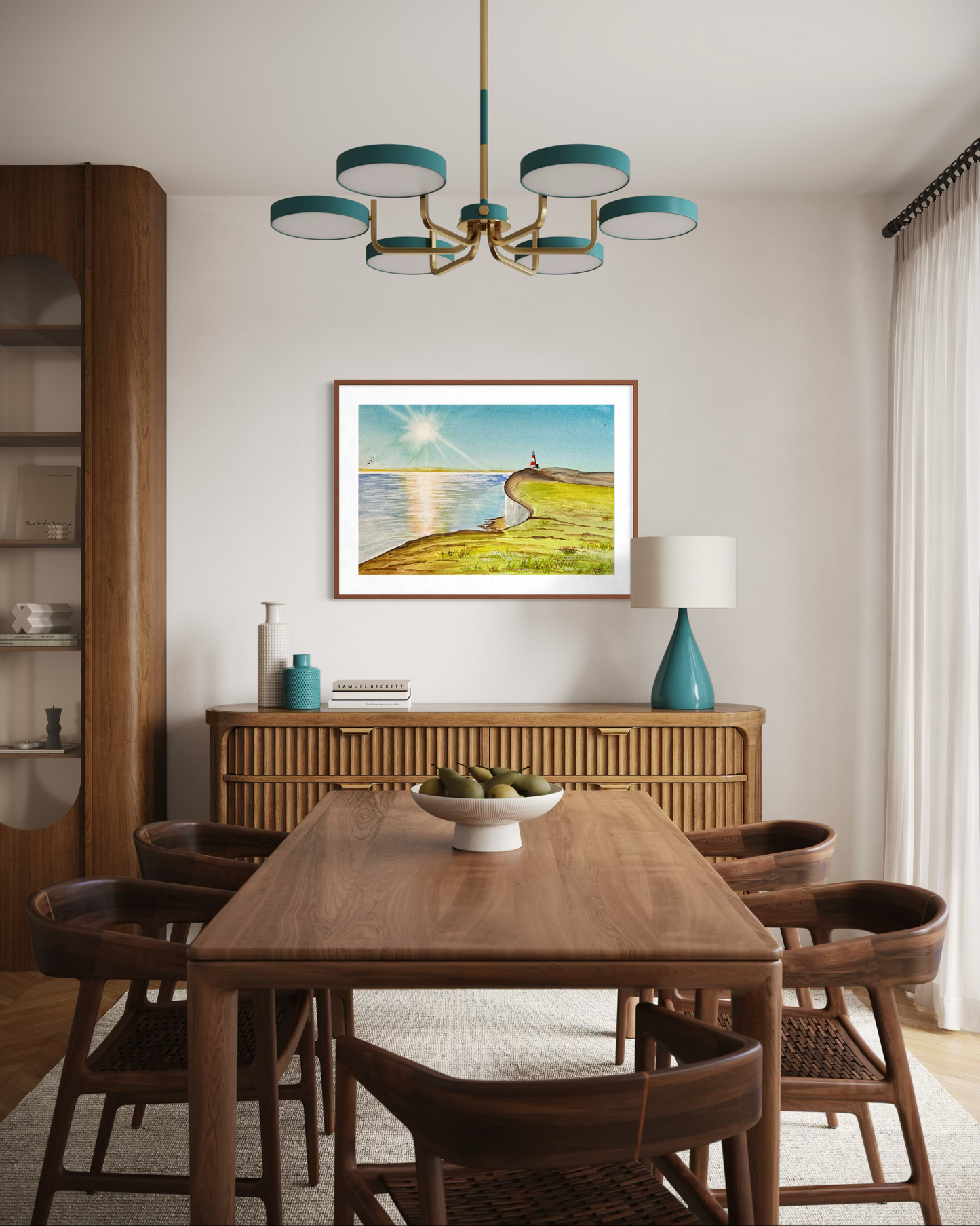 Dining room with wooden table, chairs, and a chandelier.