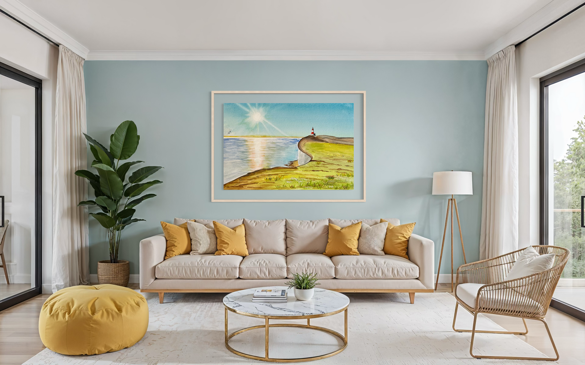 Modern living room with a beige sofa, yellow cushions, and a framed landscape painting on a light blue wall.
