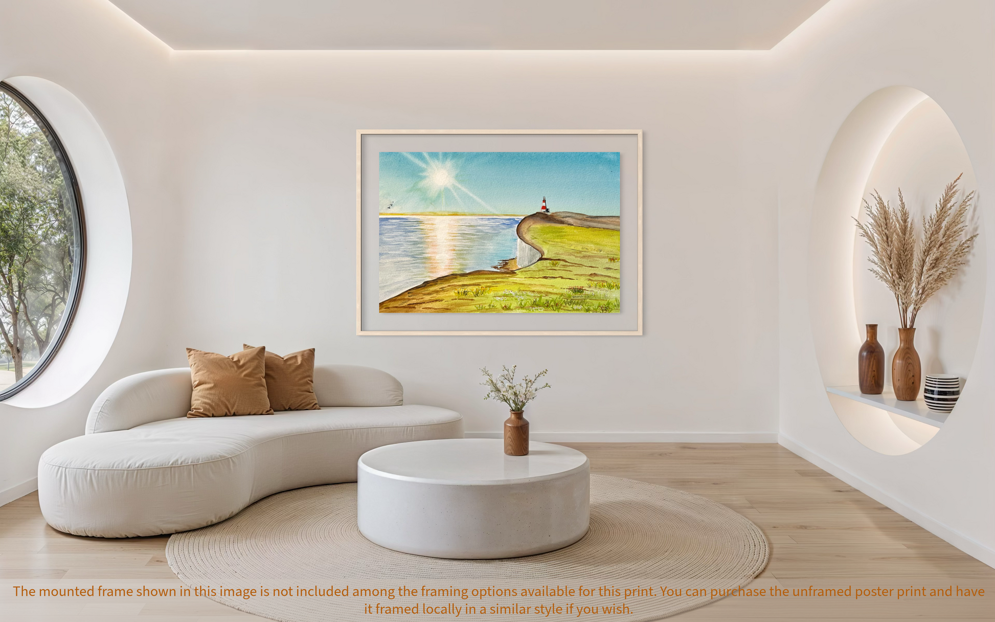 Modern living room with a framed artwork of a beach scene on the wall.