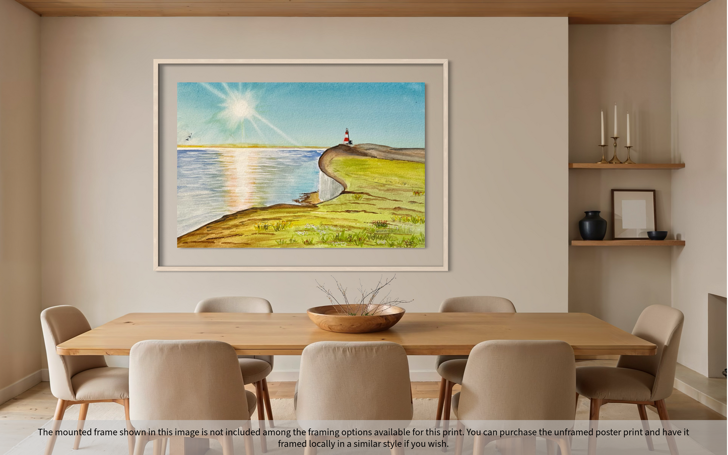 Framed artwork of a landscape with a sun and path in a dining room setting.