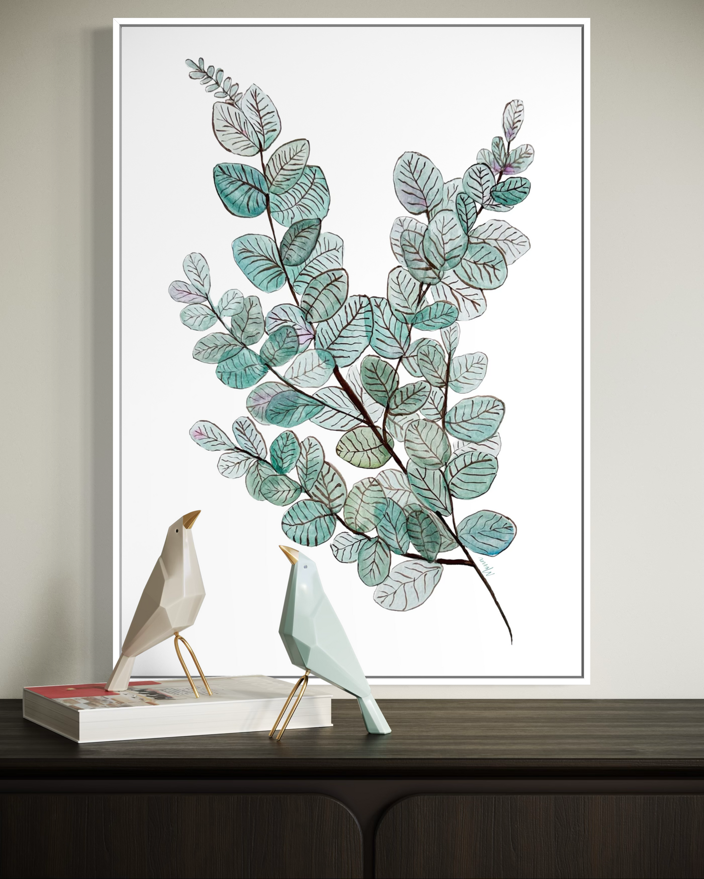 Greens and Teals Watercolour Art Print in Wooden Frame