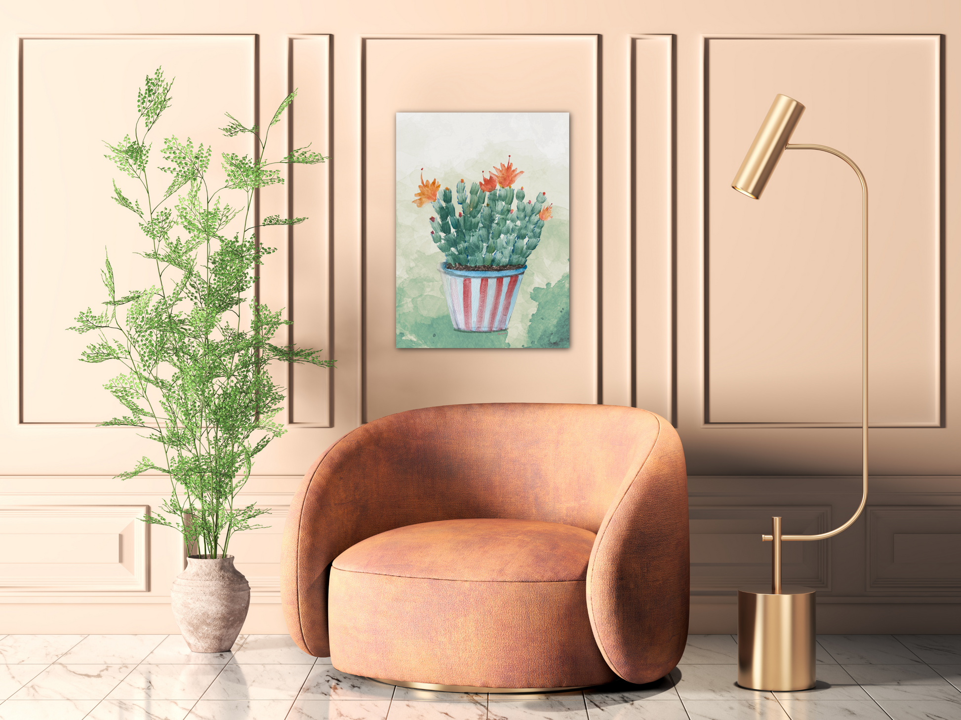 Brown leather armchair in a room with a painting of cacti, a plant, and a lamp.