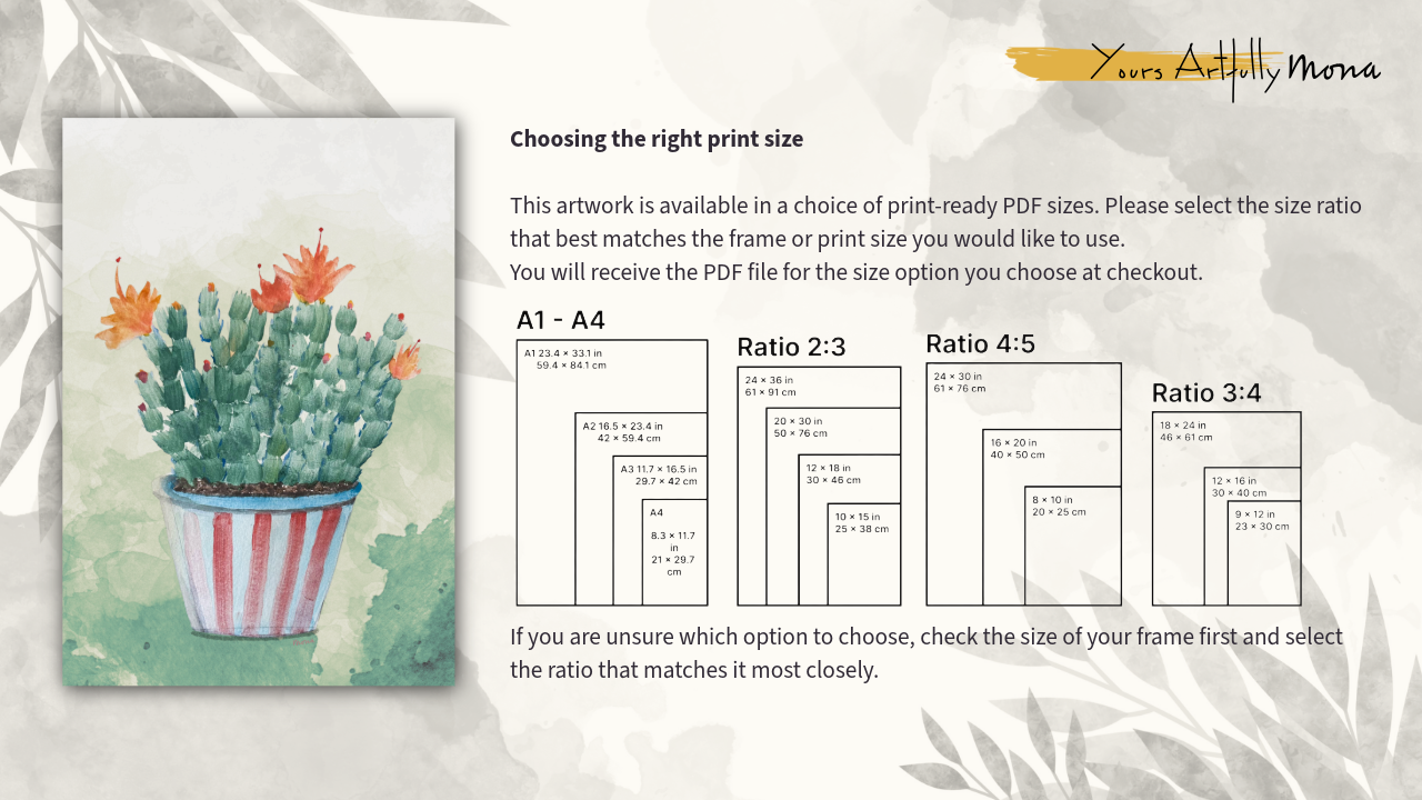 Art print with a potted plant and size selection guide on a textured background