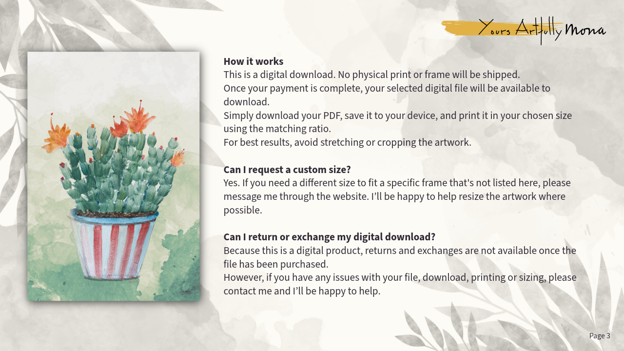 Digital download information with a potted plant illustration on a textured background