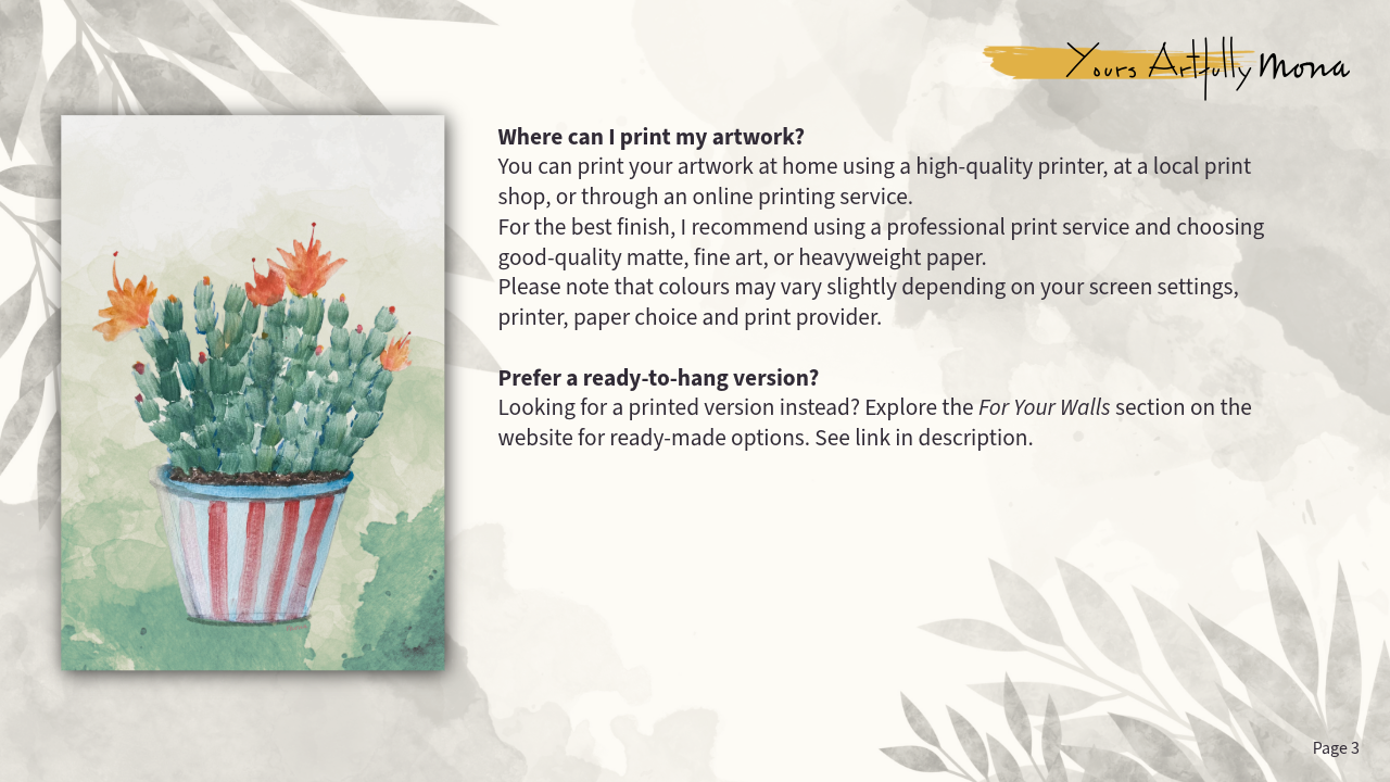 Cactus painting with text on how to print artwork and a ready-to-hang version option.