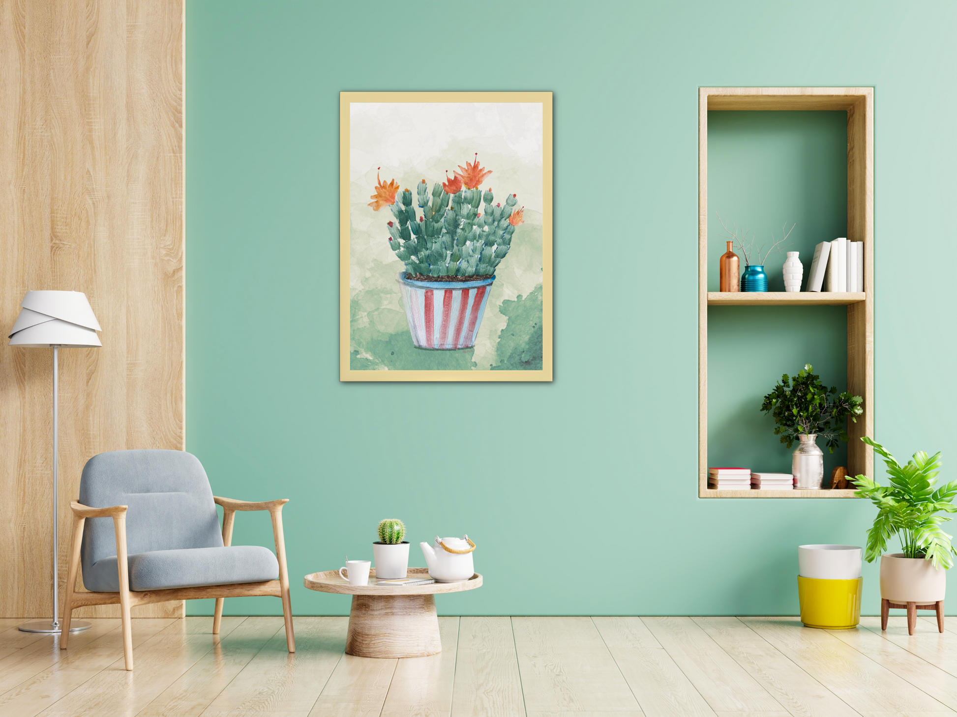 Modern living room with a cactus painting on a green wall, wooden shelf, and gray armchair.