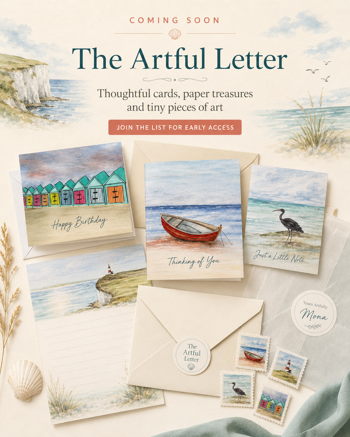 Thinking of You from Here Greeting Cards – Red Boat by the Shore, Pack of 10