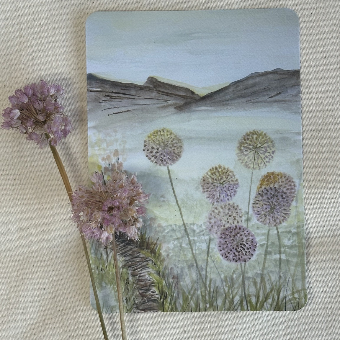 At Summer's End watercolour postcard styled with dried allium flowers