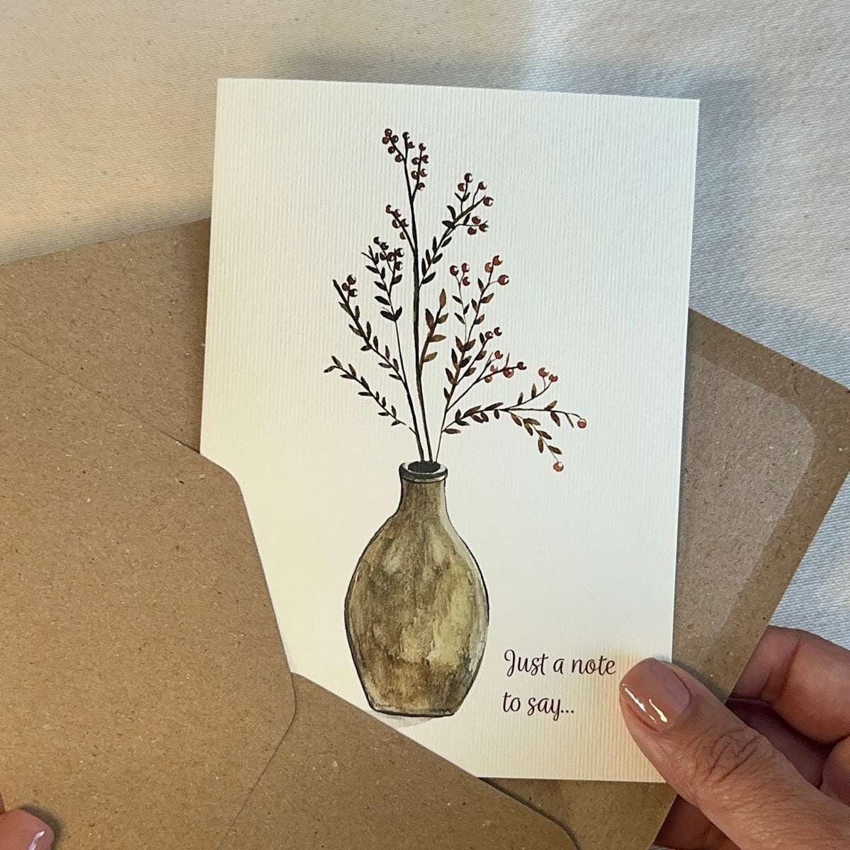 Autumn Gathered Just a Note card held with kraft envelope