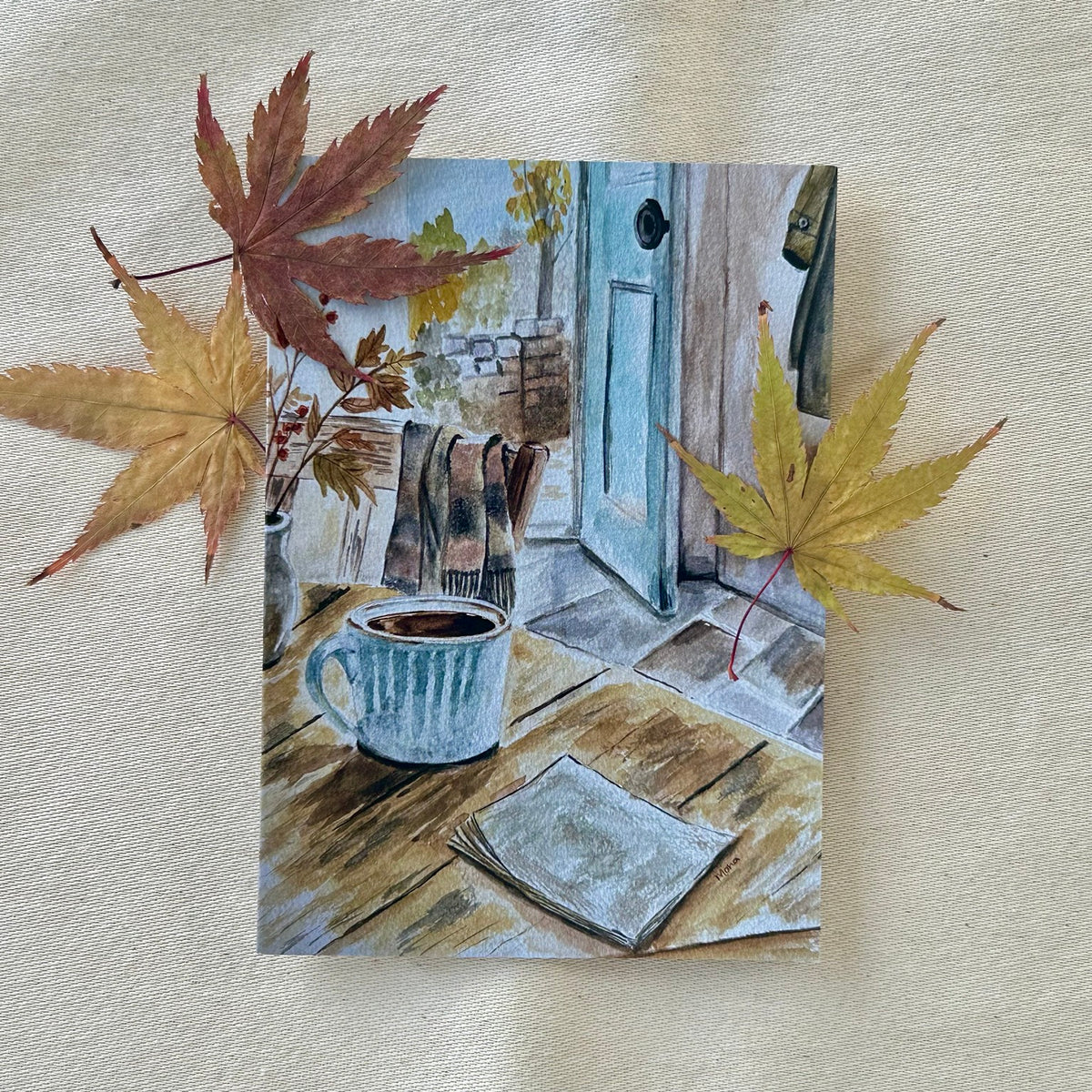 Come In, Stay Awhile blank greeting card styled with autumn leaves