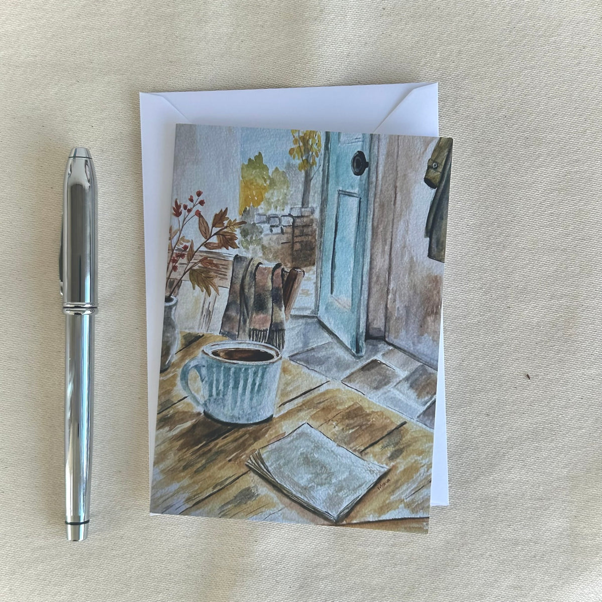Come In, Stay Awhile blank greeting card with white envelope and pen