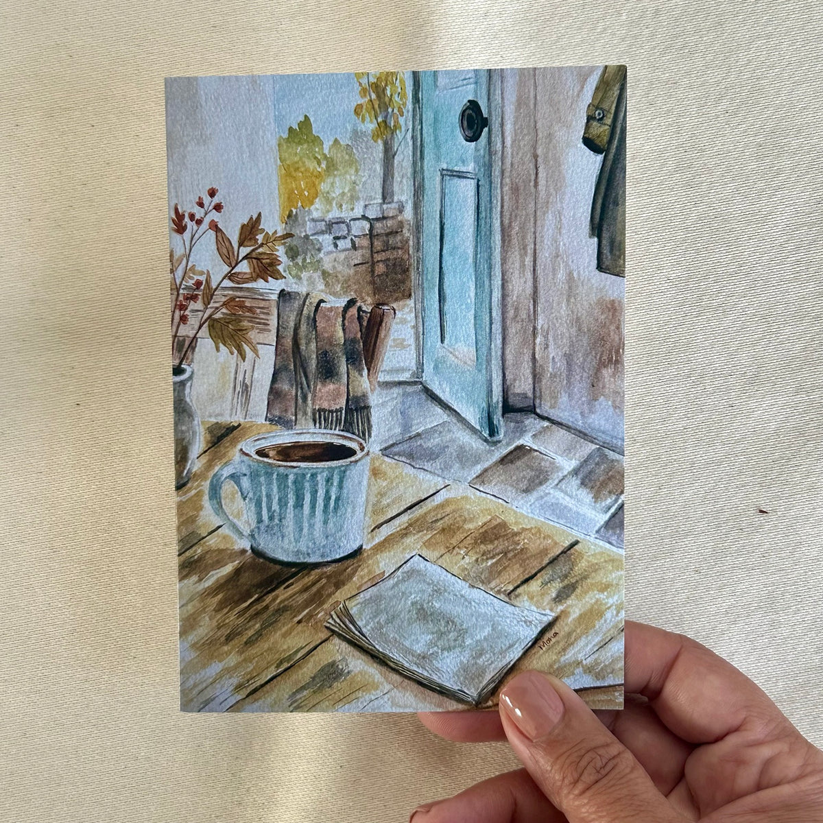 Come In, Stay Awhile blank greeting card held in hand