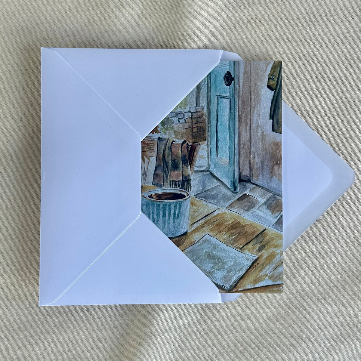 Come In, Stay Awhile blank greeting card with white envelope