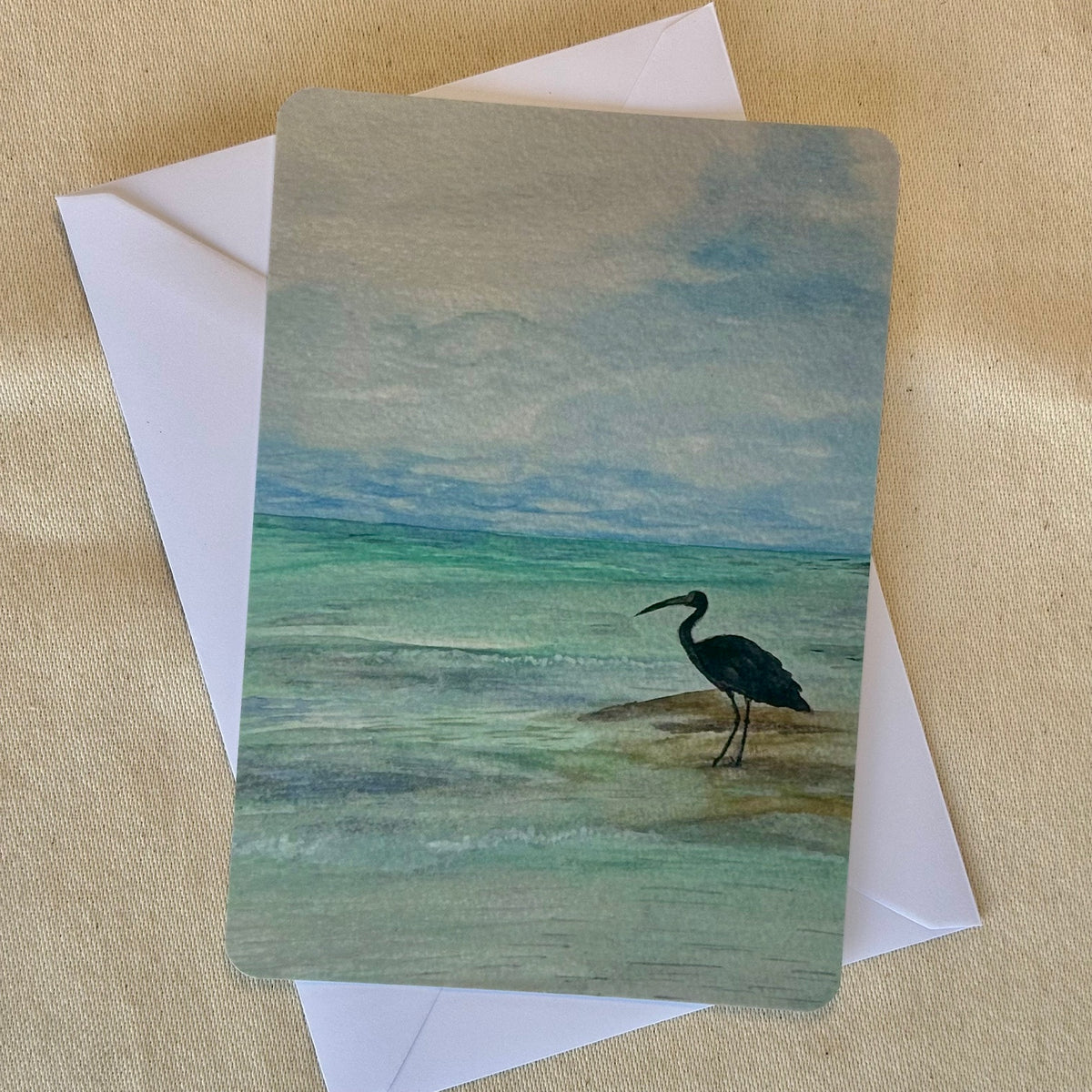 Crane in Cancun watercolour postcard with white envelope