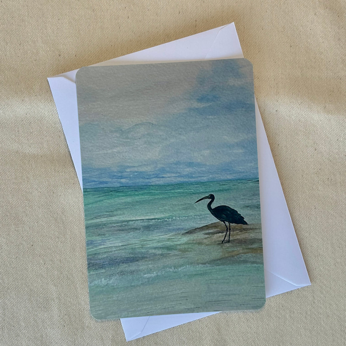 Crane in Cancun watercolour postcard and white envelope