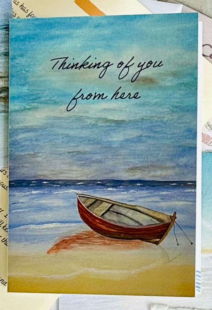 Red Boat by the Shore - Thinking of You - A6 Greeting Cards with envelopes