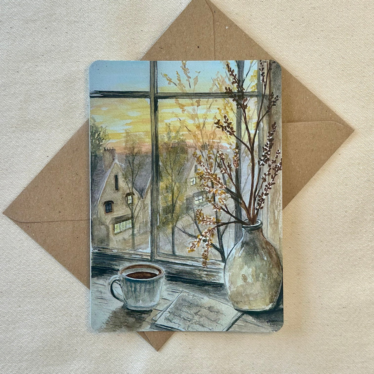October at the Window watercolour postcard with kraft envelope