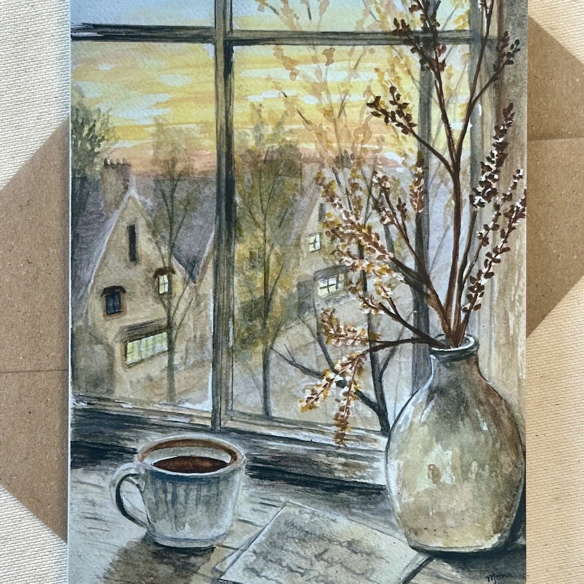 October at the Window watercolour postcard with kraft envelope