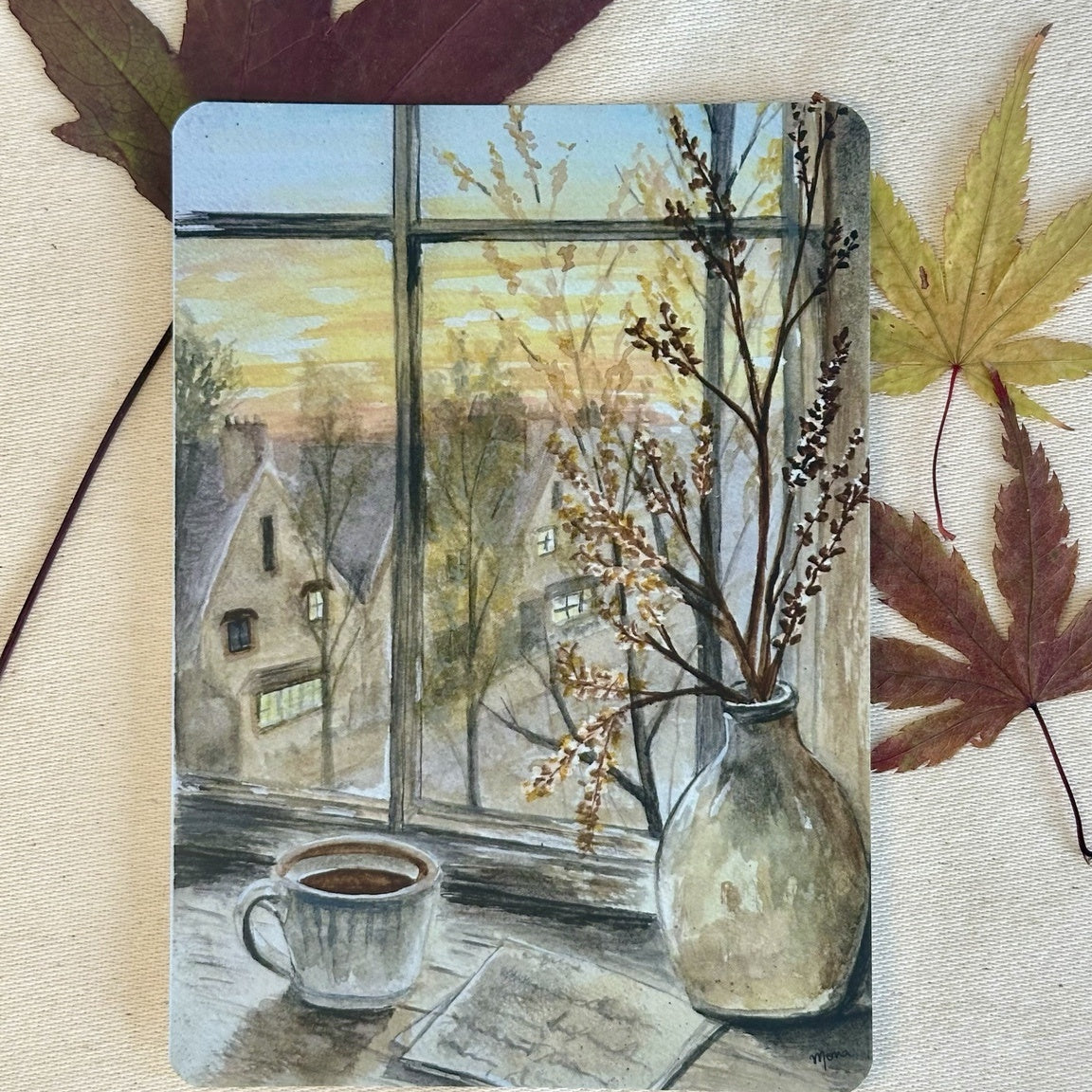 October at the Window watercolour postcard styled with autumn leaves