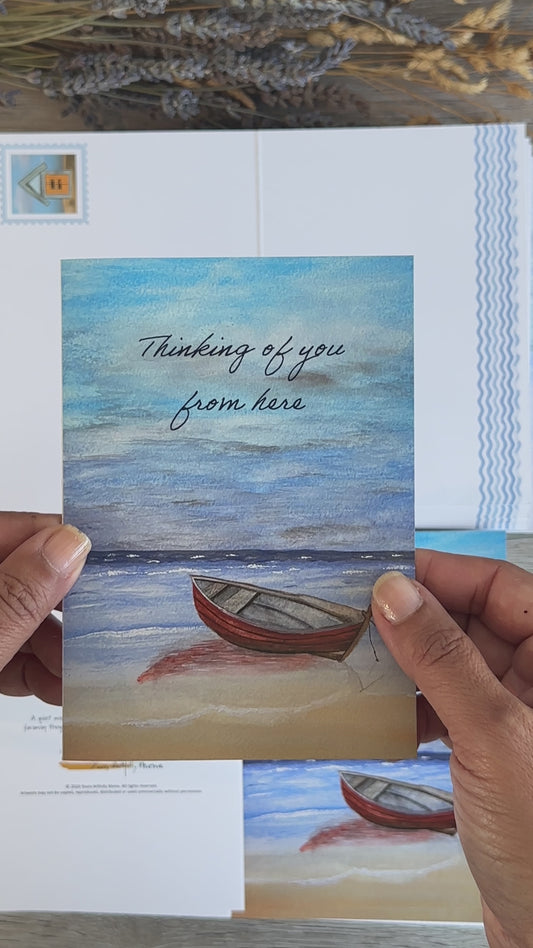 Red Boat by the Shore - Thinking of You - A6 Greeting Cards with envelopes