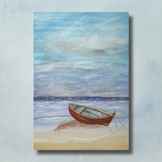 A video of behind the scenes - watercolour painting process for Red Boat by the Shore 