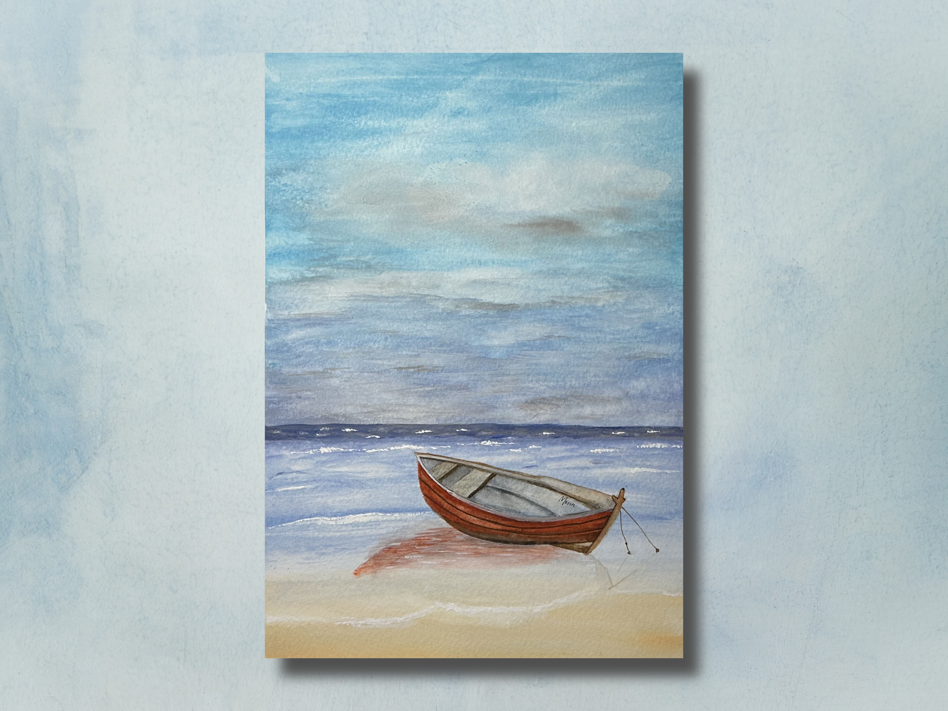 A video of behind the scenes - watercolour painting process for Red Boat by the Shore 