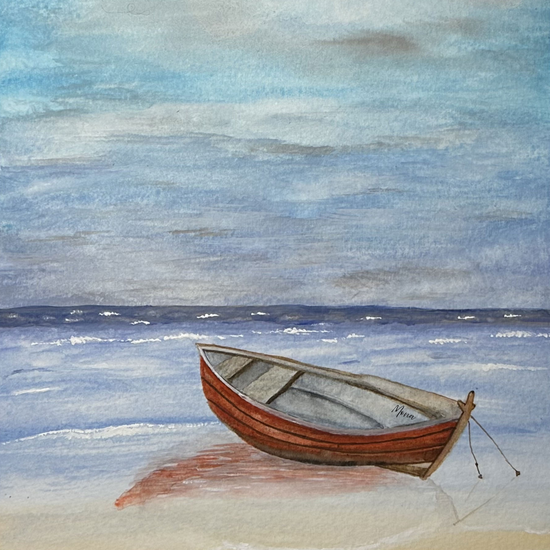 A video of behind the scenes - watercolour painting process for Red Boat by the Shore 