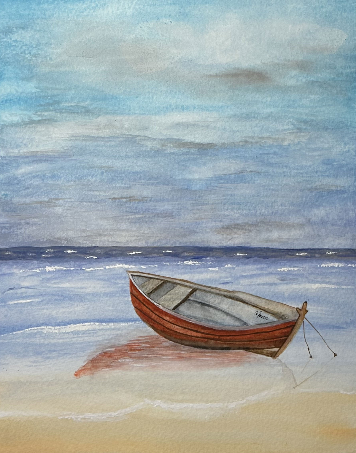 A video of behind the scenes - watercolour painting process for Red Boat by the Shore 