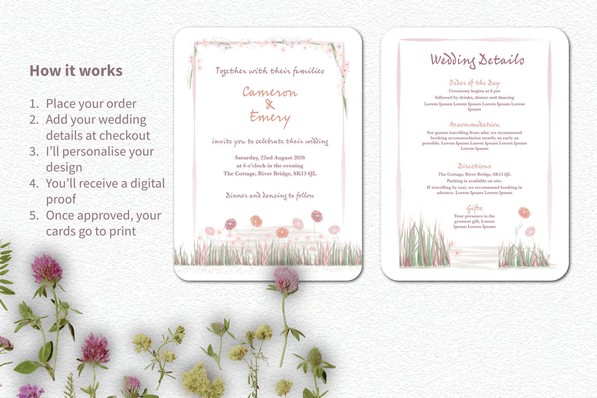 Wedding invitation cards with floral design on a white background