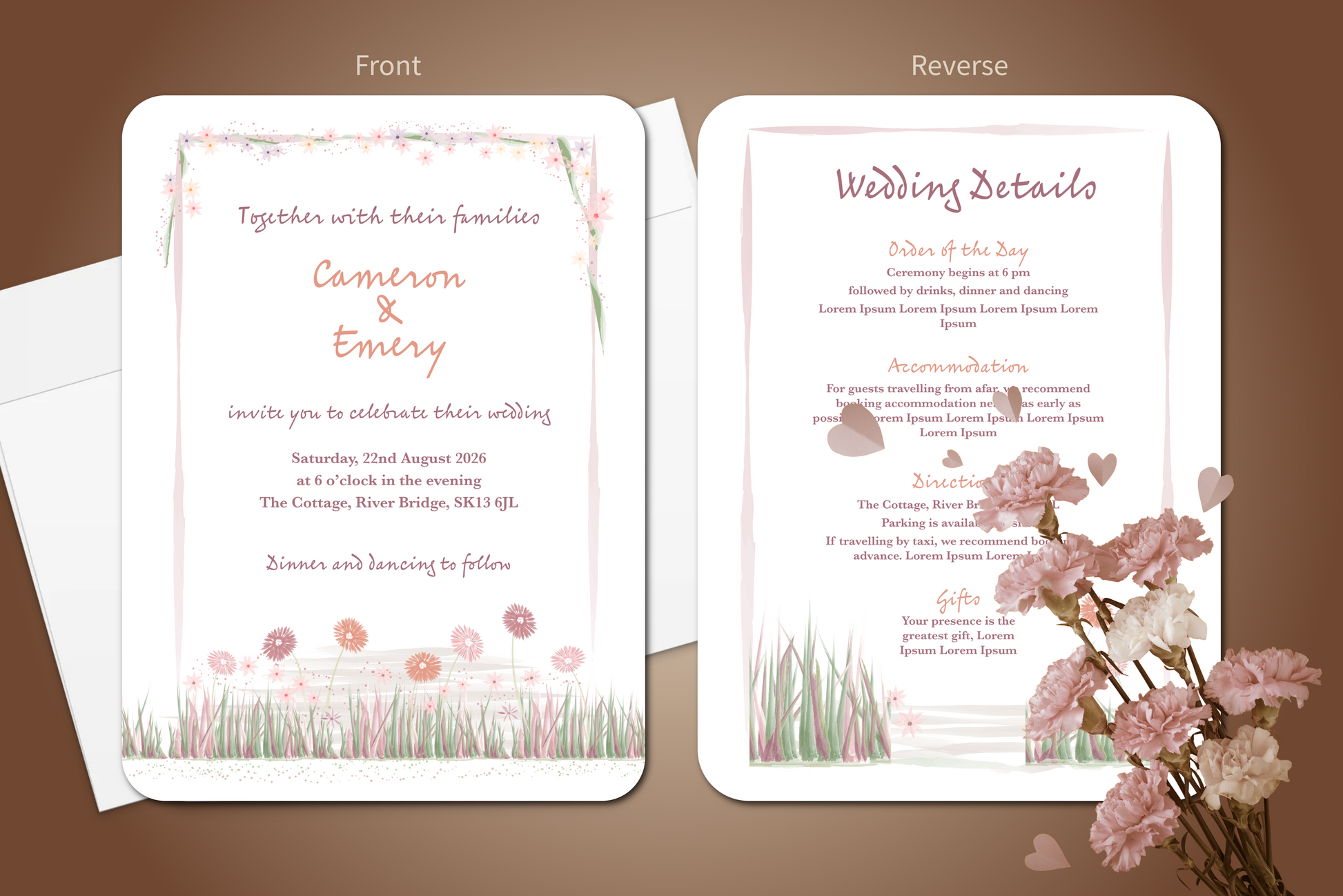 Floral wedding invitation set with front and reverse sides on a brown background