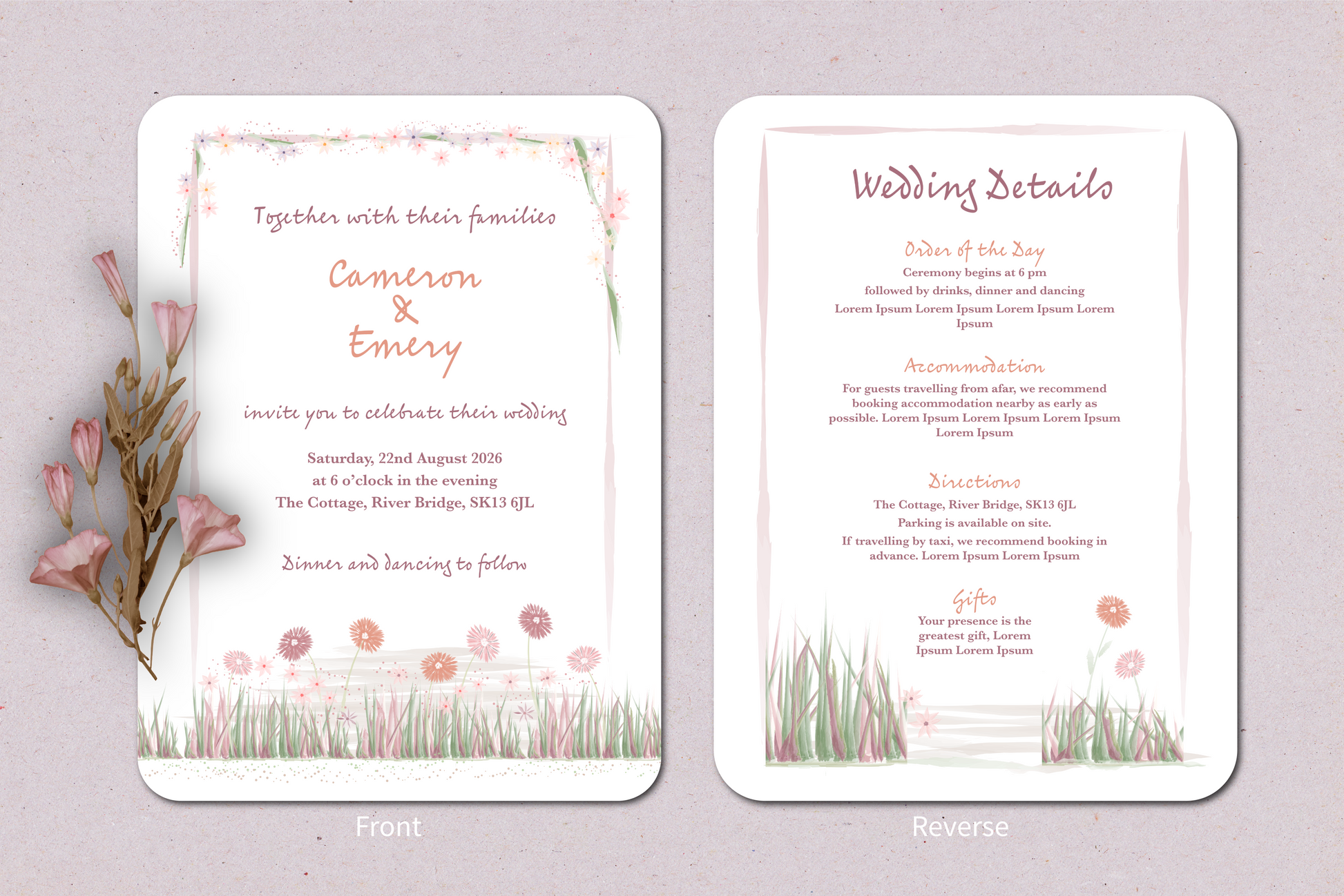 Wedding invitation card with floral design on a light gray background