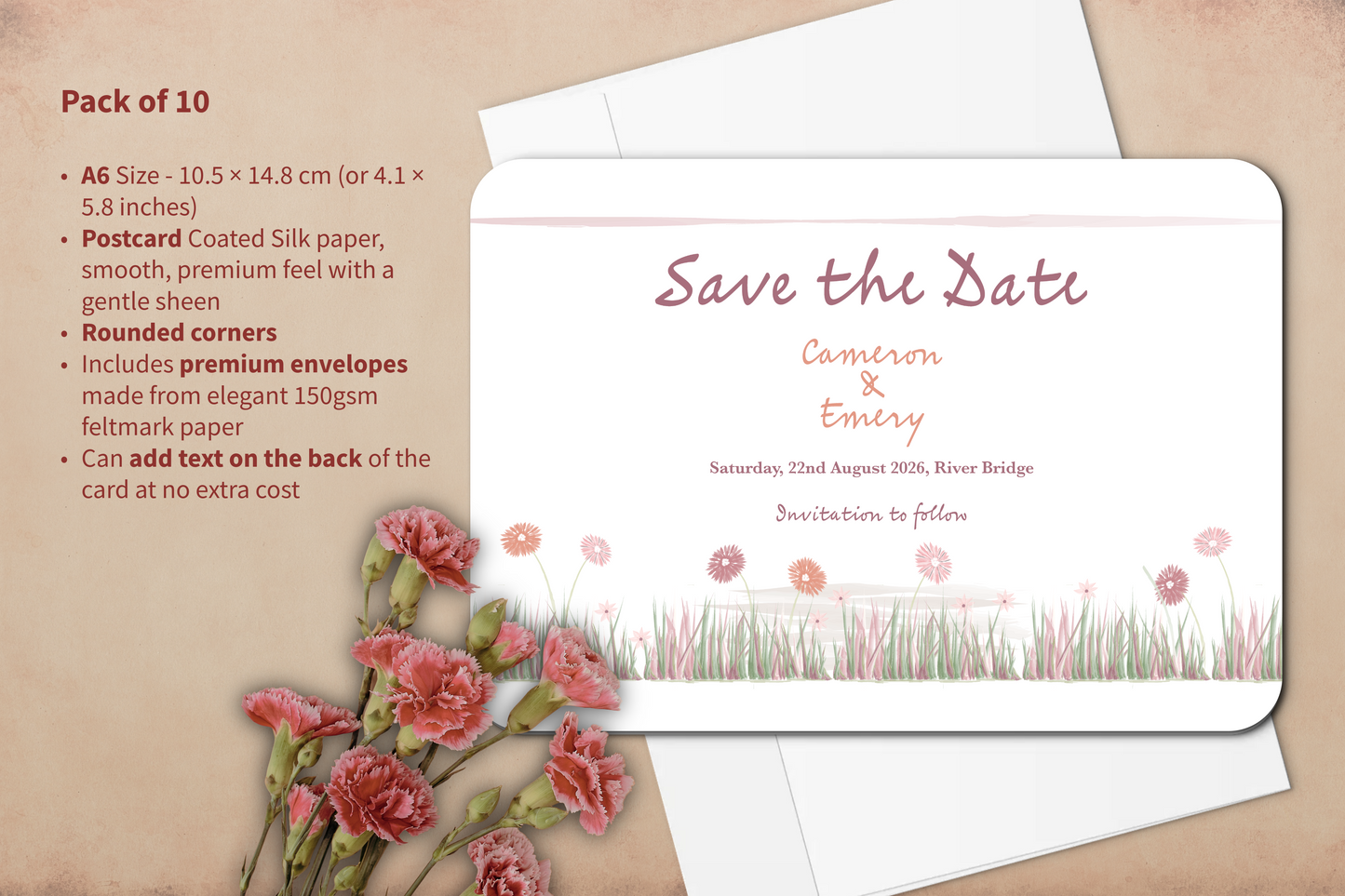 Garden Romance Save the Date Card with Envelope - Pack of 10