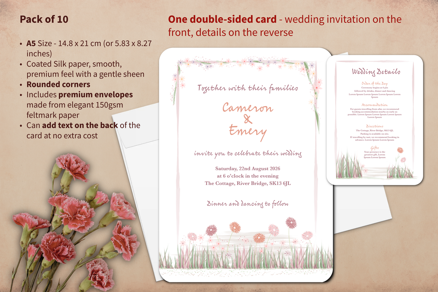 Wedding invitation card with floral design and text, surrounded by flowers on a beige background.